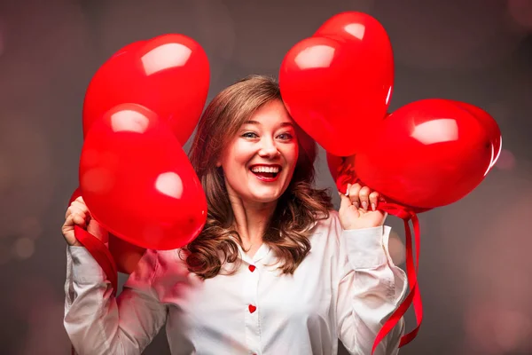 Beautiful Young Woman Heart Shape Air Balloon Black Background Valentine — Stock Photo, Image