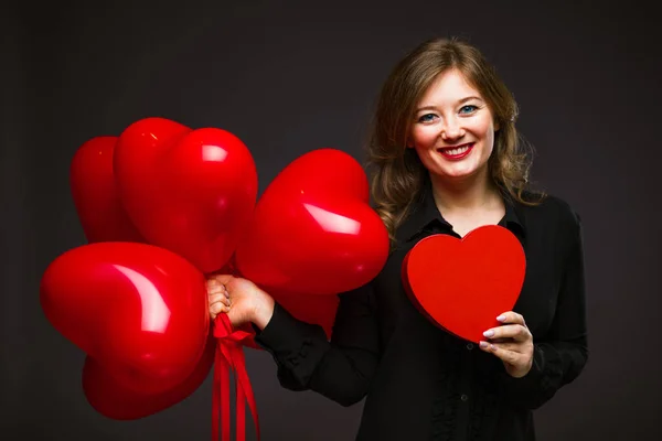 Beautiful Young Woman Heart Shape Air Balloon Black Background Valentine — Stock Photo, Image