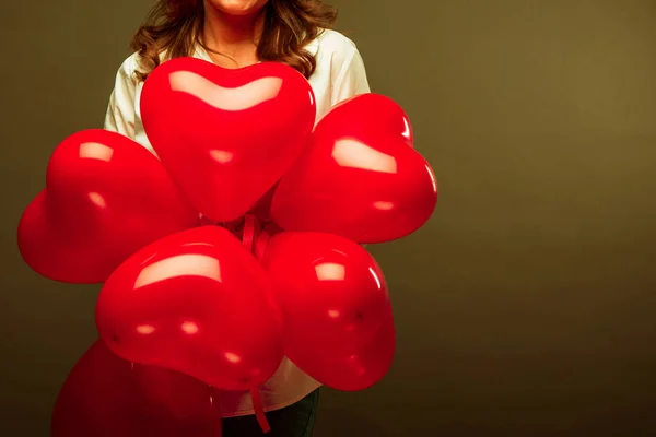 Beautiful Young Woman Heart Shape Air Balloon Black Background Valentine — Stock Photo, Image