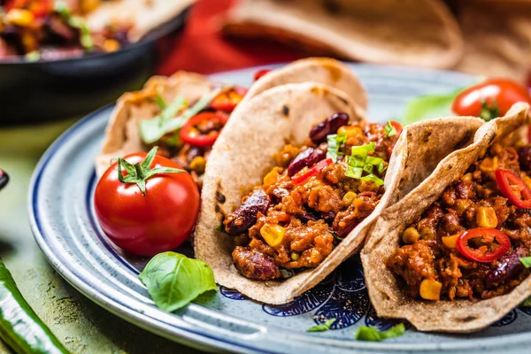Mexikanische Tacos Mit Fleisch Bohnen Und Salsa Ansicht Von Oben — Stockfoto