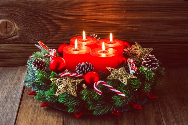 Advent Wreath Baubles Four Red Candles — Stock Photo, Image