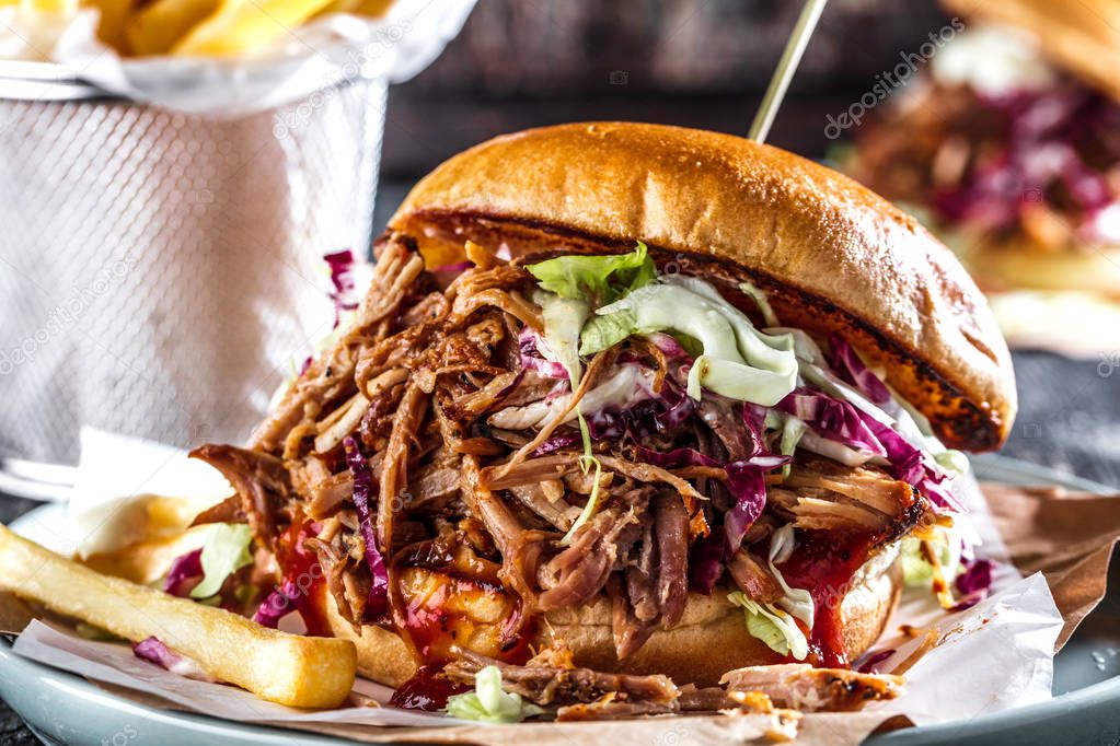 homemade pulled pork burger with bbq sauce