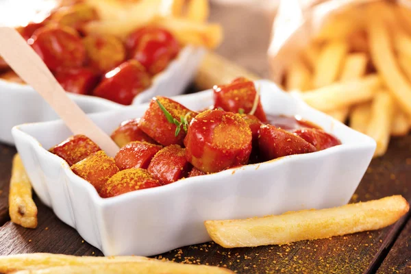 Traditional German Currywurst Served Pommes — Stock Photo, Image
