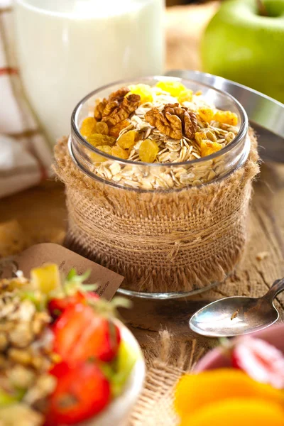 Healthy Breakfast Fresh Muesli Yogurt Berries Wooden Background — Stock Photo, Image