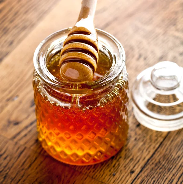 Honey Wooden Honey Dipper Wooden Table — Stock Photo, Image