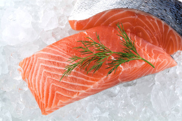 Fresh salmon on ice close up