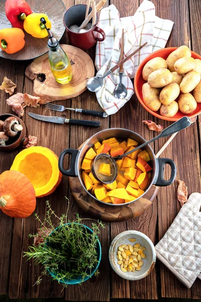 Pumpkin Soup Pumpkin Rustic Background Selective Focus — Stock Photo, Image