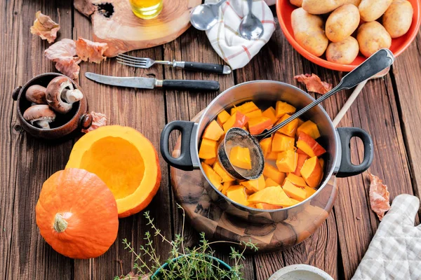 Pumpkin Soup Pumpkin Rustic Background Selective Focus — Stock Photo, Image