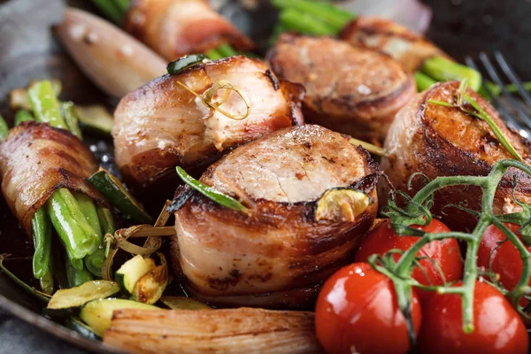 Juicy Pork Medallions Wrapped Bacon Table — Stock Photo, Image