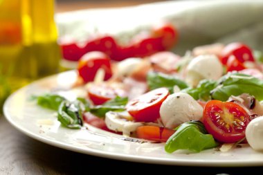 Beyaz ahşap zemin üzerine tabak sağlıklı klasik caprese salatası ile olgun domates ve mozzarella peyniri ile taze fesleğen yaprakları