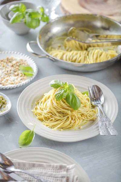 Pasta Spaghetti Basil Cream Cheese Top View Grey Stone Table — Stock Photo, Image