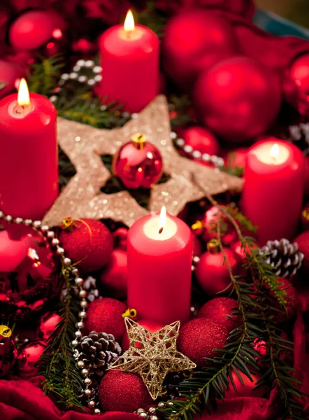 Decorazione Dell Avvento Con Candela Accesa Sfondo Natale — Foto Stock