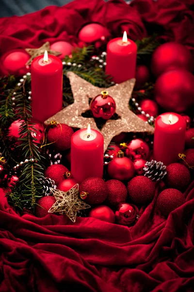 Decorazione Dell Avvento Con Candela Accesa Sfondo Natale — Foto Stock