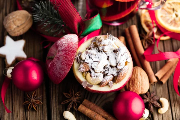 Fruit Dessert Baked Red Apples Stuffed Granola — Stock Photo, Image