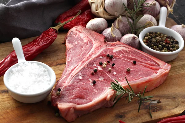 Bone Steak Seasoned Spices Fresh Herbs Served Wooden Board — Stock Photo, Image