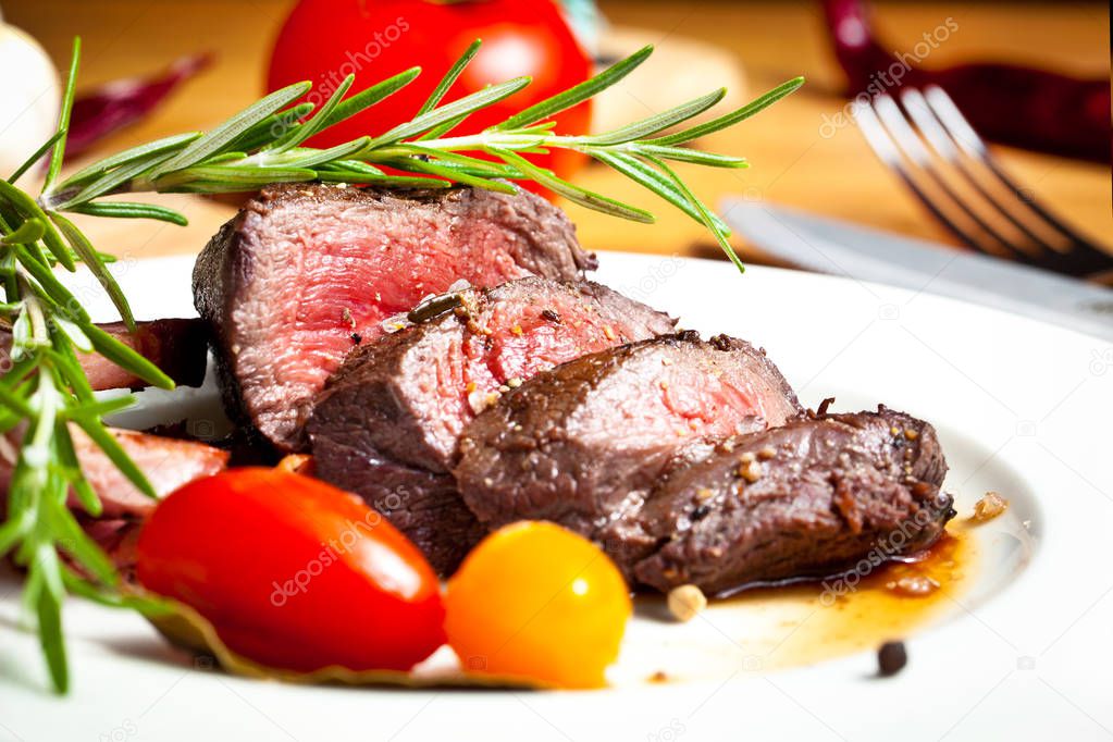 grilled venison fillet, close up