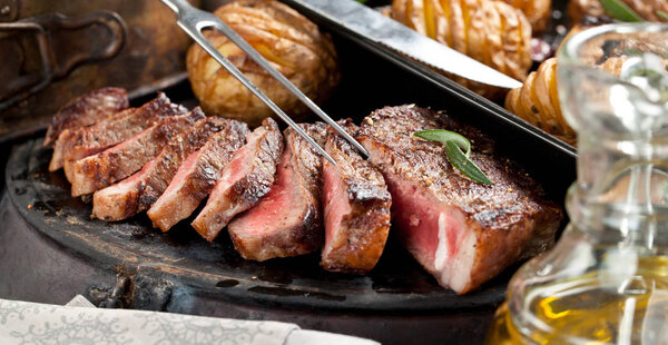 Fresh Juicy Medium Rare Beef Grillsteak. Barbecue Meat Close Up