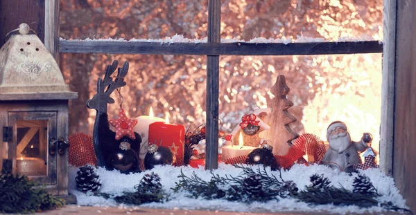 Рождество Натюрморт Старым Деревянным Окном Фон Празднования — стоковое фото