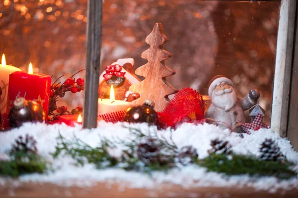 Natura Morta Natale Con Vecchia Finestra Legno Celebrazione Sfondo — Foto Stock