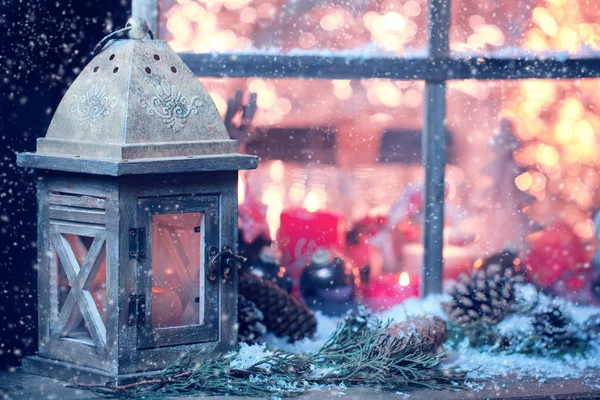 Natura Morta Natale Con Vecchia Finestra Legno Celebrazione Sfondo — Foto Stock