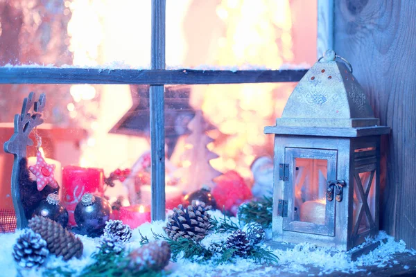 Natura Morta Natale Con Vecchia Finestra Legno Celebrazione Sfondo — Foto Stock