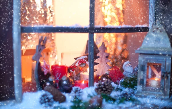 Natura Morta Natale Con Vecchia Finestra Legno Celebrazione Sfondo — Foto Stock