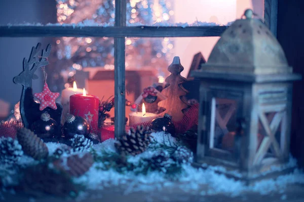 Bodegón Navidad Con Ventana Madera Vieja Fondo Celebración —  Fotos de Stock