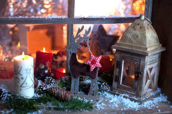 Bodegón Navidad Con Ventana Madera Vieja Fondo Celebración —  Fotos de Stock