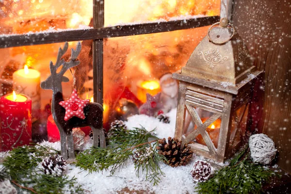 Natura Morta Natale Con Vecchia Finestra Legno Celebrazione Sfondo — Foto Stock