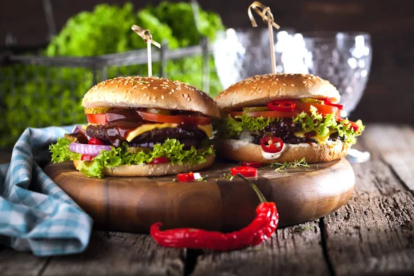 Fresh Tasty Burger Wood Table — Stock Photo, Image
