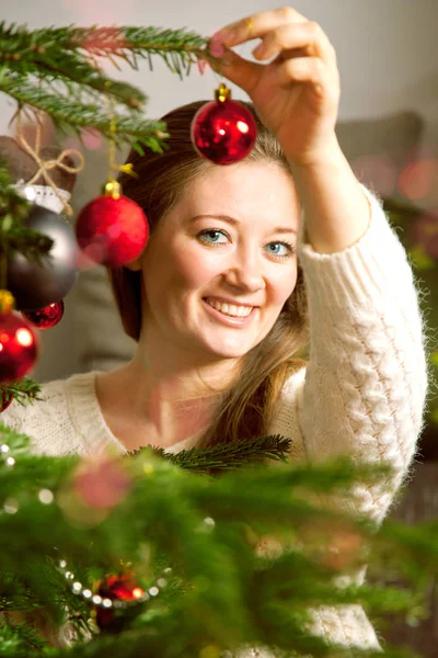 Happy Woman Decorating Christmas Tree Home Living Room Stock Photo