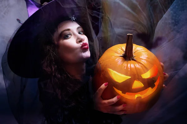 Mujer Vestida Con Disfraz Halloween Vacaciones —  Fotos de Stock