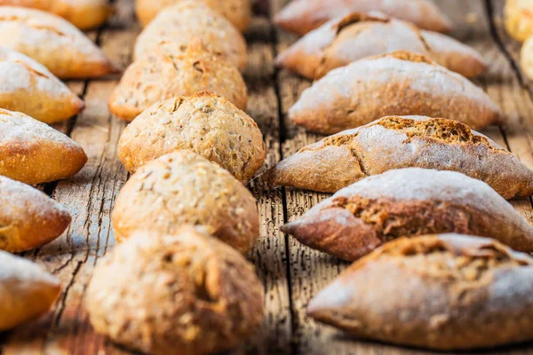 Different Kinds Fresh Bread Wooden Table Isolated Assortment Bread Brown — Stock Photo, Image