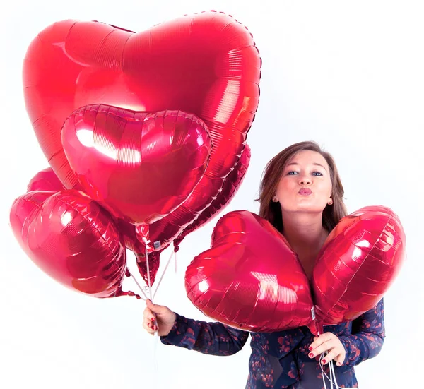 Portrait Cute Woman Balloons Heart Valentins Day — Stock Photo, Image