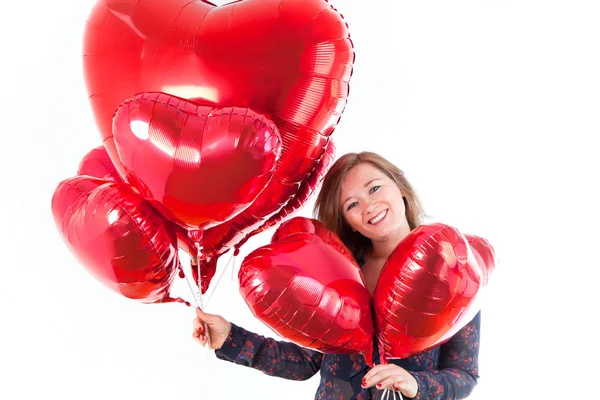 Portrait Cute Woman Balloons Heart Valentins Day — Stock Photo, Image