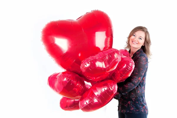 Portrait Cute Woman Balloons Heart Valentins Day — Stock Photo, Image