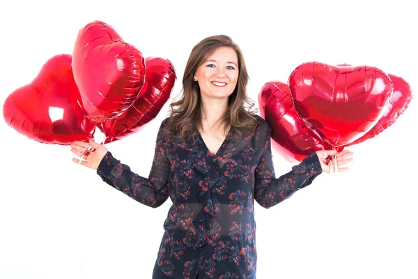 Portrait Cute Woman Balloons Heart Valentins Day — Stock Photo, Image