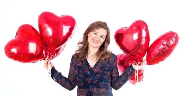 Portrait Cute Woman Balloons Heart Valentins Day — Stock Photo, Image