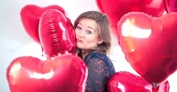Portrait Cute Woman Balloons Heart Valentins Day — Stock Photo, Image