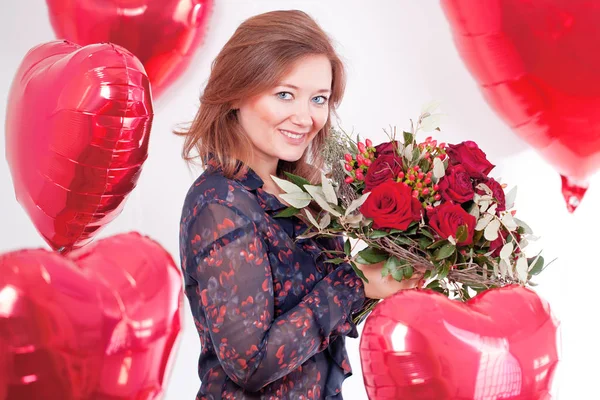 Портрет Милі Жінки Повітряними Кулями Серця Valentins День — стокове фото