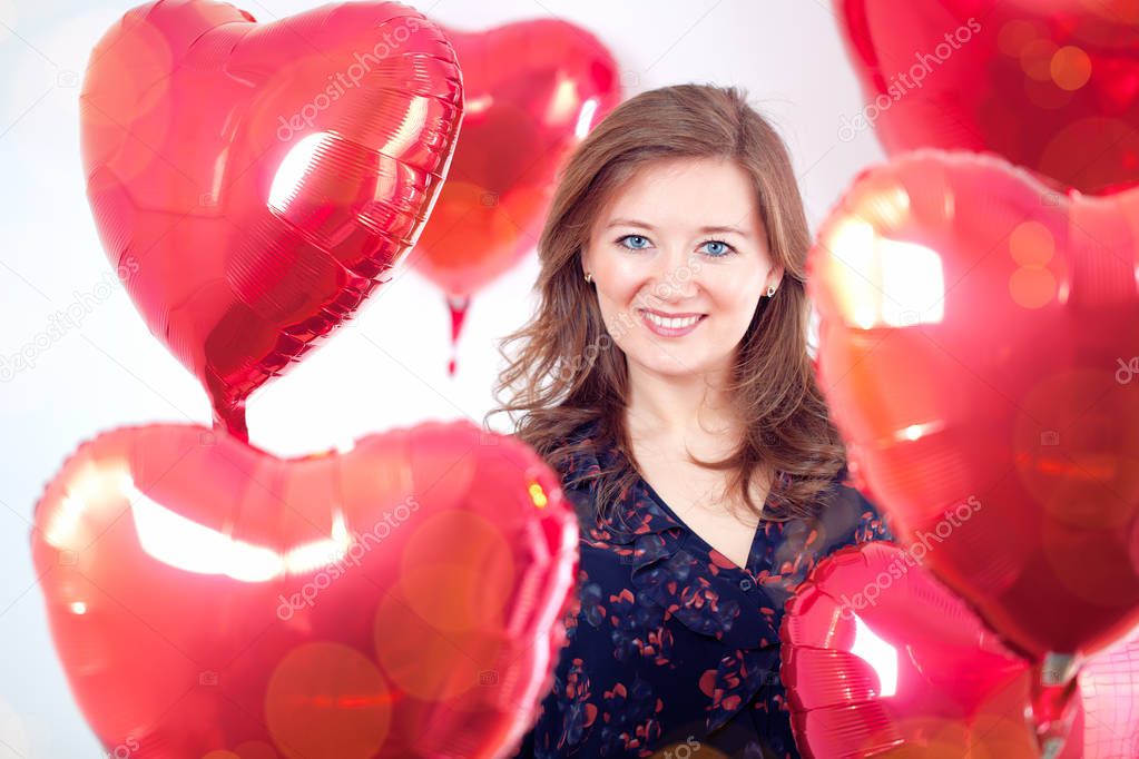 Portrait of cute Woman with balloons heart Valentins day 
