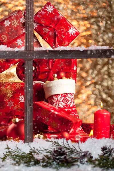 Natal Ainda Vida Com Velha Janela Madeira Contexto Celebração — Fotografia de Stock