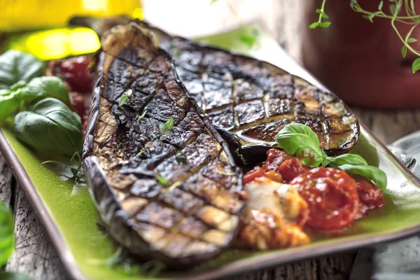Grilled Glazed Eggplants Black Background Top View Copy Space — Stock Photo, Image