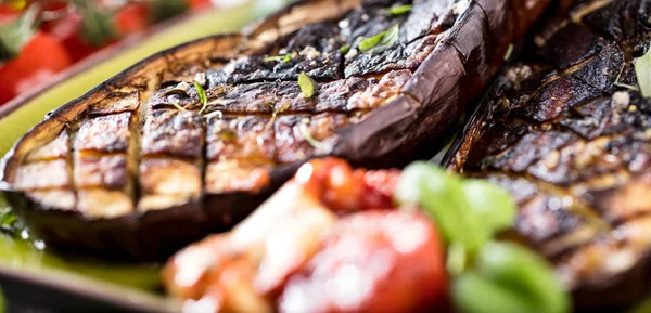 Grilled Glazed Eggplants Black Background Top View Copy Space — Stock Photo, Image