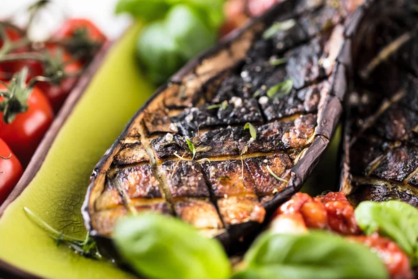 Grilled Glazed Eggplants Black Background Top View Copy Space — Stock Photo, Image