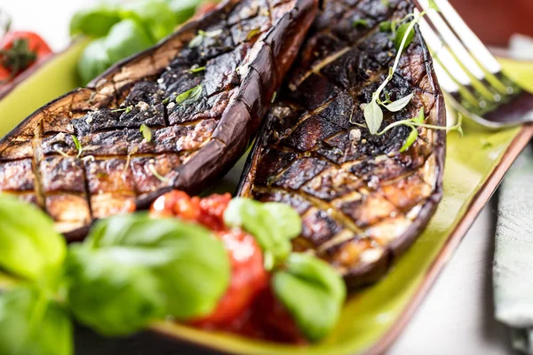 Grilled Glazed Eggplants Black Background Top View Copy Space — Stock Photo, Image