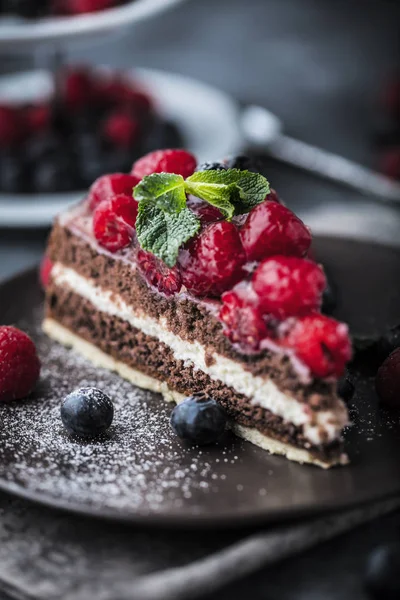 Portion Layered Creamy Fruit Cake Close View — Stock Photo, Image