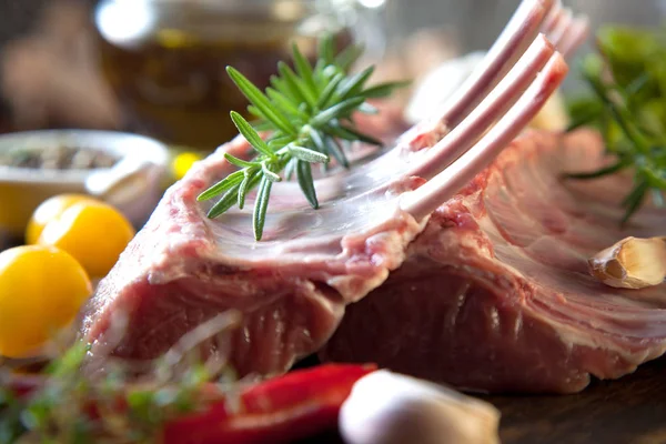 Rack Lamb Raw Meat Bone Rustic Kitchen Table Wooden Background — Stock Photo, Image