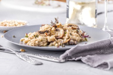 Mantarlı risotto beyaz gri, görünümü kapatın