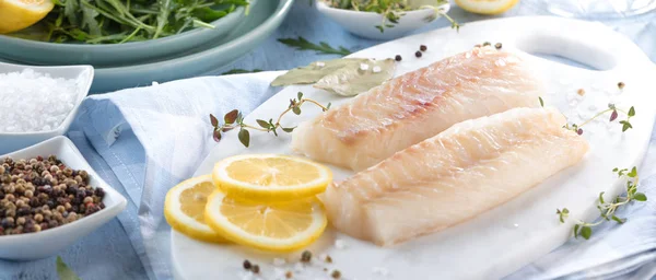 Fresh Fish Raw Cod Fillets Addition Herbs Lemon — Stock Photo, Image